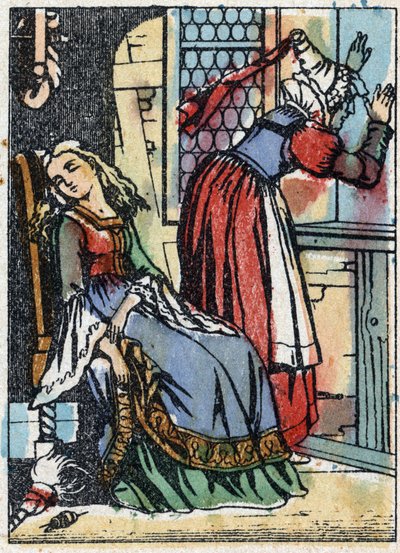 フランスの作家、シャルル・ペロー（1628-1703）の物語「休眠中の森の美女」の匿名イラスト。イメージング・ペラン（エピナル）の木版画。19世紀後半の作品。 作： French School
