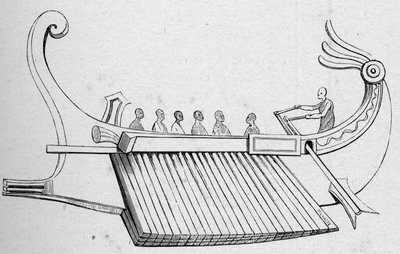 アンティークガレーレはオールが3列になっている。エングレーヴィング "La Marine et les colonies: commerce" より 作： French School
