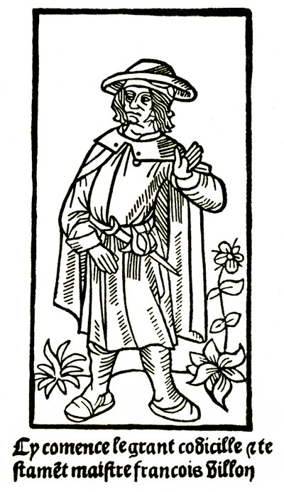 大いなる遺言」における詩人フランソワ・ヴィヨンのアポクリファルな肖像画 - "Cy comence le grant codicille & testamet maistre Francois Villon""(ここに大聖遺言が始まる」P Levet 1489年版（木版画 作： French School