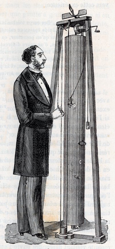 アルチュール・ジュール・モラン（1795-1880）の装置 体の落下を研究するための装置 - アレクシス・クレールの「万人のための科学 - 人気の物理学と化学」に掲載されたエングレーヴィング - 19世紀末 - 個人蔵 作： French School