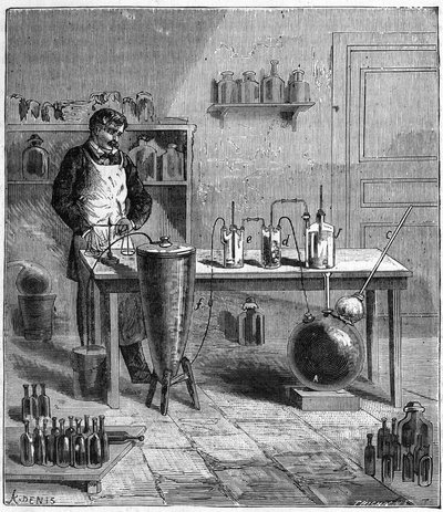 Eugene SOUBEIRAN（1797-1858）が製作した重曹製造装置 - Alexis Clercの「万人のための科学-人気の物理学と化学」に掲載された版画 - 19世紀末 - 個人蔵 作： French School