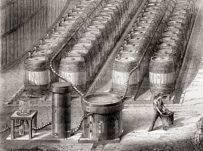 1870年頃に出版された「Les Merveilles de la Science」より、鉄に硫酸を作用させて水素ガスを調製し、風船に充填するための装置（リトグラフ）。 作： French School
