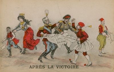 Apres La Victoire、バルカン半島に関する政治漫画。 1913年6月14日に発送されたはがき。 作： French School