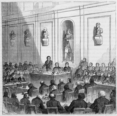 アラゴは8月10日の科学アカデミーの公開討論会でダゲールの発見を発表した。 作： French School