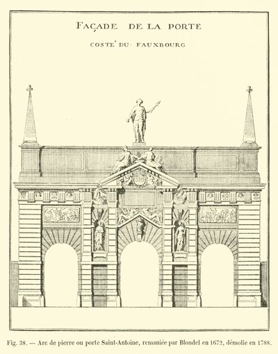 1672年にブロンデルによって再建され、1788年に解体された石のアーチまたはサンアントワーヌ門 作： French School