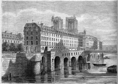 建築：パリのシテ島にあるホテル・デューの取り壊し前の外観。1859年にトゥルネル広場から撮影されたもの。1859年11月19日付「Le Monde Illustré」136号に掲載されたエングレーヴィング。 作： French School