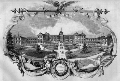 建築：1857年に開設された療養者のための「ヴァンセンヌの帝国精神病院」として知られる病院のファサード。現在はサン・モーリス（94）の「サン・モーリス国立病院」と呼ばれている。1年8月29日付「Le Monde Illustré」第20号に掲載された図版 作： French School