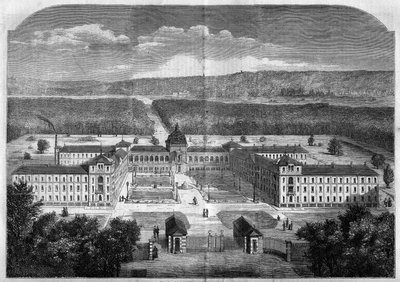 建築；建築家ウジェーヌ・ラヴァル（1818-1869）の計画に基づいて建設され、1859年に落成したヴェシネの回復期労働者のための帝国精神病院の全体像。1858年10月2日付「Le Monde Illustré」77号に掲載された図版。 作： French School