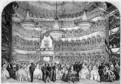 建築：ニース（アルプ・マリティーム、06）の王立劇場（19世紀）の内観、1858年、バーデン大公夫人ステファニー・ド・ボーアルネ（1789-18）の後援のもと、ソシエテ・フランセーズ・デ・アシスタンスが開催したチャリティ・ボールの際のもの。 作： French School
