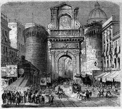 建築：1860年にガリバルディの「千人隊」または「赤シャツ隊」の遠征部隊が入場する際の、ナポリのカプアーナ門（Porta Capuana）（1484年）の風景。1860年9月22日付「Le Monde Illustré」180号に掲載されたエングレーヴィング。 作： French School