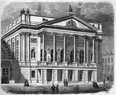 建築：1858年、ロンドン（イギリス）のイタリア劇場のファサードの様子。1月2日付の「Le Monde Illustré」38号に掲載された図版 作： French School