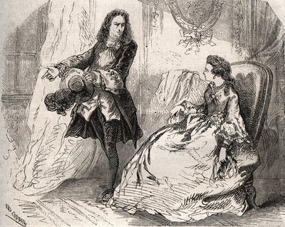 Jean Baptiste Poquelin dit Moliere（1622-1673）の妻Armande Bejart（1641-1700）と恋人のGuiche伯爵。 作： French School
