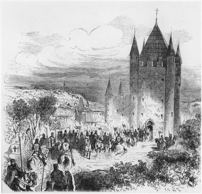 テンプル騎士団の軍隊がパリの寺院に入る、19世紀半ばのフランスの歴史のイラスト 作： French School