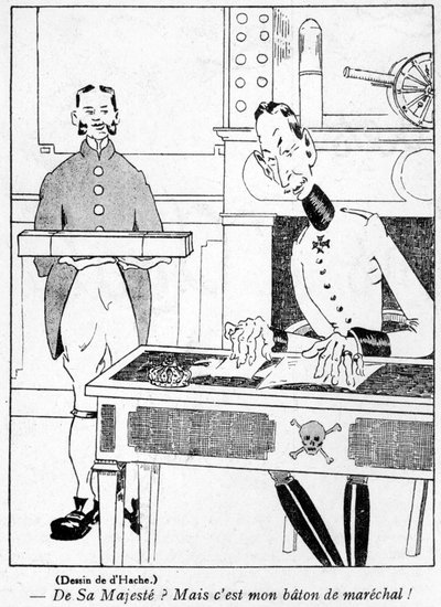 1917年3月29日、ラバイオネットマガジンのエイプリルフールデイ（ポアソンダヴリル）版の漫画、カイザーからマーシャルバトンを受け取った陸軍将校 作： French School