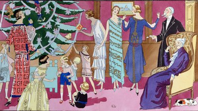 1923年12月、Art Gout Beaute誌のファッションプレート、クリスマスツリーの周り 作： French School