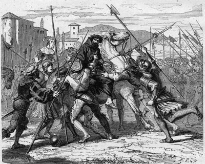 1500年にミラノで逮捕されたルドヴィック・マリー・スフォルツァ（ルドヴィコ・マリア・スフォルツァ、通称イル・モーロ）（1452-1508）は、スイス人傭兵に裏切られ、フランス軍の手に落ちた。ポール・ルージュールが描いた「フランス百年史」に掲載されている版画。 作： French School