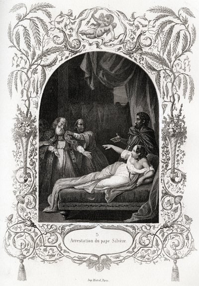 教皇シルベリオ（シルベリオ）の逮捕（536年から537年までの教皇）。モーリス・ラシャトレ（1814-1900）による『教皇列伝』の挿絵、パリのリブレリー・デュ・プログレ。 作： French School