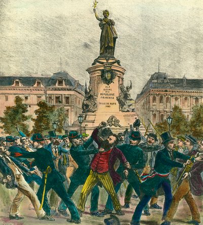5月1日、パリのレピュブリック広場で行われたデモで、副官ピエール・ボーディン（1863-1917）が逮捕される。 作： French School