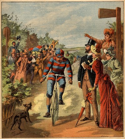 フランスの田園風景の中で行われるサイクリングレースの到着。1892年5月19日付の "La Terre Illustree "81号に掲載された図版。 作： French School