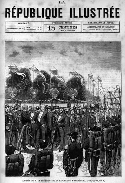 共和国大統領ジュール・グレヴィ（1807-1891）がシェルブールの祝賀会に到着。新聞。La republique illustree "の個人コレクションにある1880年のエングレーヴィング。 作： French School