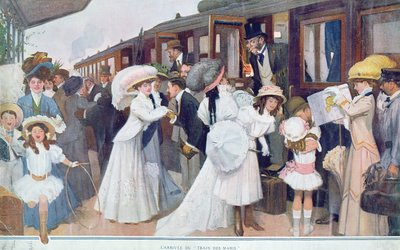 夫が電車で到着、1908年 作： French School