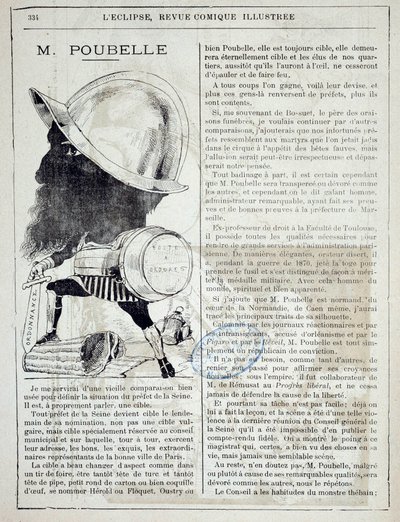 1884年にセーヌ川の県知事でゴミ箱を発明したユージン・プーベル（1831-1907）に関する記事と漫画。10/04/1885.パリ、警察県 作： French School