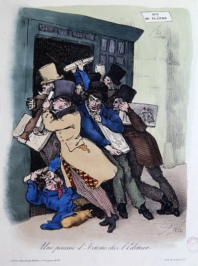 出版社のドアを包囲するアーティストたち（1830年頃）（カラーリトグラフ 作： French School