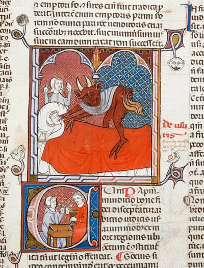 Arundel 484 f.245死んだ人のベッドの上の悪魔または悪魔、ジャスティニアヌス作、光沢のあるオルディナリアのあるダイジェストム・ヴェトゥスのイラスト、c.1300-10（ベラム） 作： French School