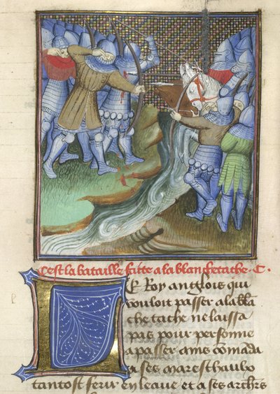 Arundel 67、f.144、川を渡って戦う中世の兵士、Chroniques d