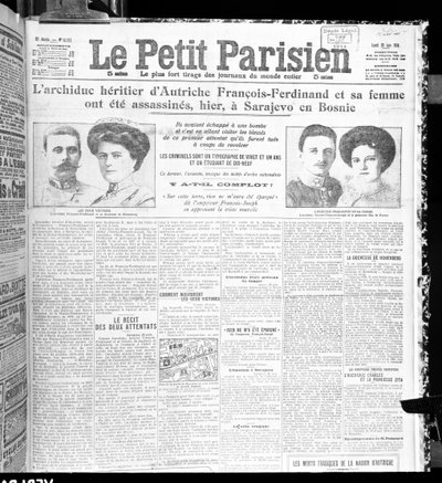 1914年6月29日、ルプティパリジャンからのオーストリア大公フランツフェルディナンド（1863-1914）とその妻の暗殺 作： French School