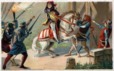 1358年7月、王党派の指導者の一人であるエシュバン、ジャン・マイラールによる富裕な書生、プレヴォ・デ・マーシャンのエティエンヌ・マルセル（1316-1358）の暗殺。19世紀末のクロモリトグラフ。 作： French School