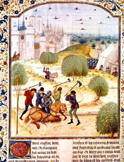 1437 年 (100 年戦争) のパリ郊外でのイギリス騎士の暗殺 ジャン・ド・ワヴラン著のイングランド年代記からのイルミネーション 作： French School