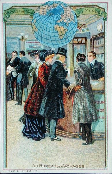 旅行代理店にて」（子供用収集カードシリーズより）1880～90年頃（カラーリトグラフ 作： French School