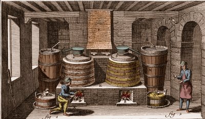 ブランデー蒸溜所-Denis Diderot（1713-1784）とJeanによる「La Grande Encyclopedie, ou Dictionnaire Raisonne des Sciences, des Arts et des Metiers」（科学、芸術、職業の百科事典）。 作： French School