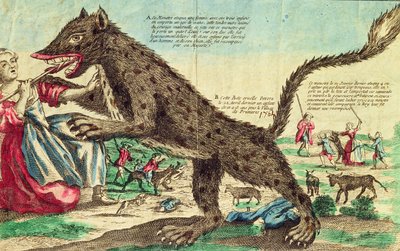 1764年のゲヴォーダンの獣による攻撃（カラー彫刻） 作： French School