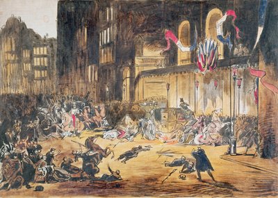 1858年1月4日、パリでフェリーチェオルシーニと3人の共犯者によるナポレオン3世と彼の妻ユージニーと3人の共犯者の生涯の試み（カラー彫刻） 作： French School