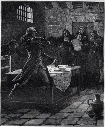 1766年にパリ議会で反逆罪による死刑判決が発表された際の、アイルランド出身のフランス人将軍トマス・アルトゥール侯爵（バロン・ド・トレンダル、ラリー伯爵）の自殺未遂事件。19世紀のエングレーヴィング。 作： French School