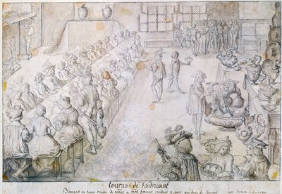 1493年のサンドリコートトーナメントでの宴会（紙に茶色のインクと鉛筆） 作： French School