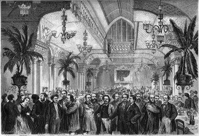 1864年2月6日、パリのレストラン・デュ・パッサージュ・デ・プランスのサロンで行われた新聞「ル・フィガロ」の宴会には、ジャーナリスト、作家、芸術家などが参加しました。出席者（左から）：Nestor Roqueplan、Mme Ugalde、de Montaut、Peter