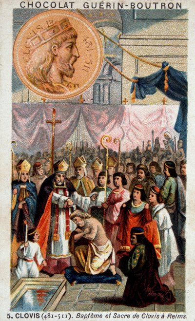 496年12月25日にランスのカテドラルで行われたクロヴィスの洗礼と聖体拝領は、ランスの前夜祭である聖レミによって行われた。 作： French School