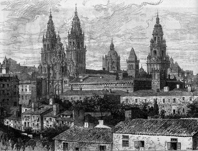バロック芸術：サンティアゴ・デ・コンポステーラ大聖堂（Santiago de Compostela）の眺め。スペイン。1880年8月14日付「Le Monde Illustré」n°1220に掲載されたエングレーヴィング。 作： French School