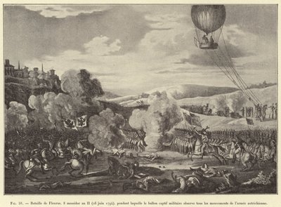 フルーラスの戦い、第二次世界大戦中の8日目（1794年6月26日）、軍用の捕虜となった気球がオーストリア軍の動きをすべて観察しているところ（エングレーヴィング 作： French School