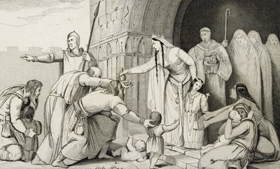 バチルダは貧しい人々にお金を寄付する、コラートの「フランスの歴史」から1840年頃出版 作： French School