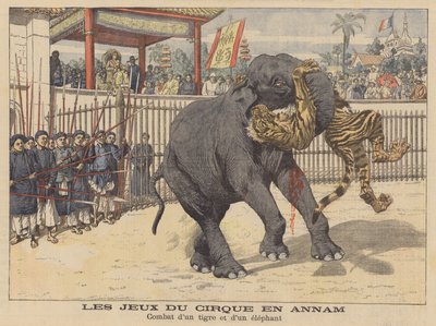 インドシナ、アンナムのサーカスでの象と虎の戦い（カラーリトグラフ） 作： French School