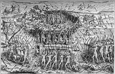 サミュエル・ド・シャンプラン（1567-1635年頃）のフランス軍とイロコイ族との戦い。カナダ、17世紀初頭。"La Marine et les colonies: commerce "の中のエングレーヴィング 作： French School