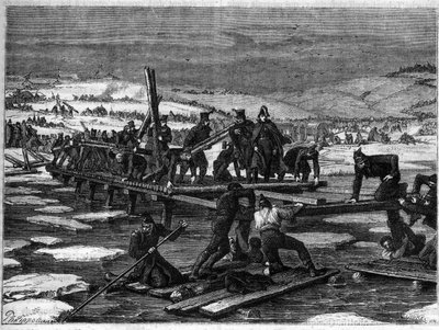 ベレズィナの戦い（1812年11月26日～29日）ロシア撤退中のナポレオンにとって壊滅的な敗北 - ロシアのキャンペーン、撤退：G.O.の責任の下、大軍の橋工たちがベレズィナに架かる2つの橋を建設。 作： French School