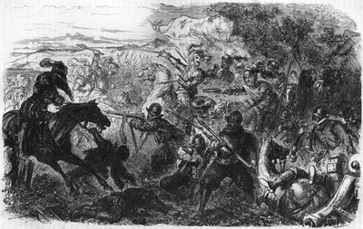 1587年のクーラスの戦いで、アンリ・ド・ナバラ（後のヘンリー4世）が勝利。1885年頃の「Histoire Populaire de la France」に掲載。エングレーヴィング。 作： French School