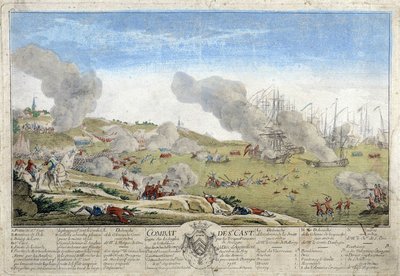 1758年、ブルターニュのフランス軍がイングランド軍を破ったサン・カストの戦い。ディナン博物館に保存されているイラスト。 作： French School