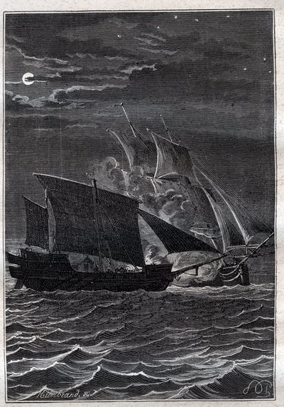 スワロー号とマレーシアの海賊船の戦い：フィリップ・カータレット（Philippe de Carteret）（1733-1796）のスワロー号は、1767年にインドネシア海域でマレーシアの海賊船と戦った-イラストは "The Great Mariners of the 18th century "より 作： French School