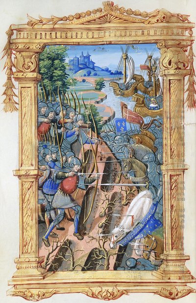 射手と騎兵の間の戦闘シーン、城と船、c.1495-1500 作： French School